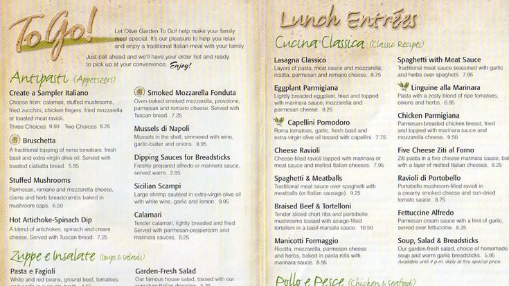 Olive Garden Menu with Prices  and menu pictures